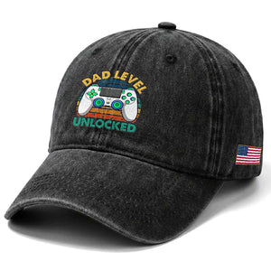 Funny New Dad Washed Cotton Baseball Cap Retro Dad Level Unlocked Gaming Gamer TS10 Print Your Wear