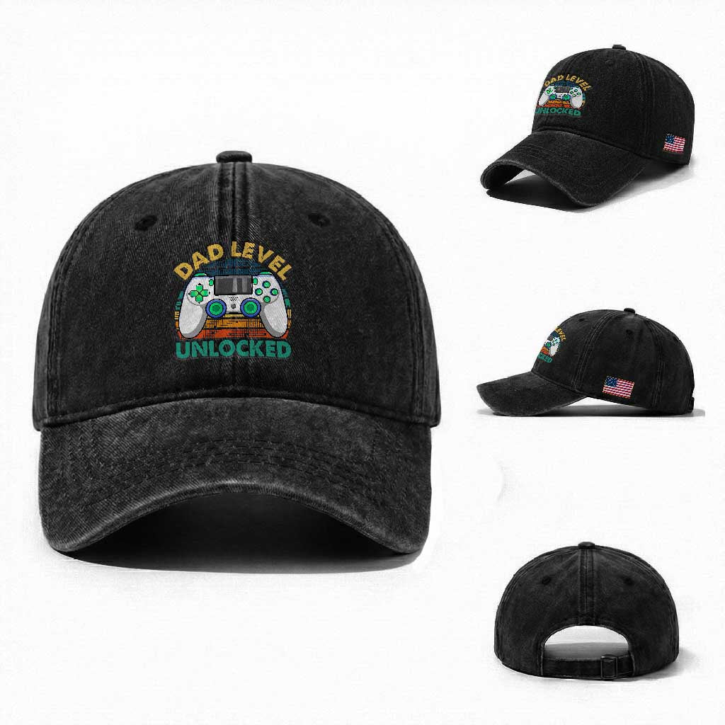 Funny New Dad Washed Cotton Baseball Cap Retro Dad Level Unlocked Gaming Gamer TS10 Washed Cap Universal Fit Black Print Your Wear