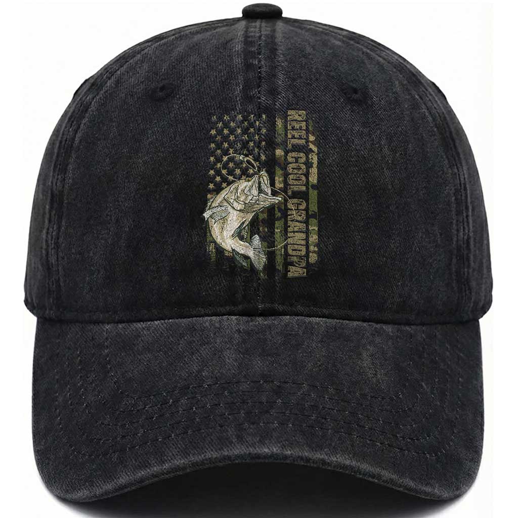 Funny Fishing Vintage Reel Cool Grandpa Washed Cotton Baseball Cap Camo American Flag USA Bass Fish Fisherman TS10 Print Your Wear
