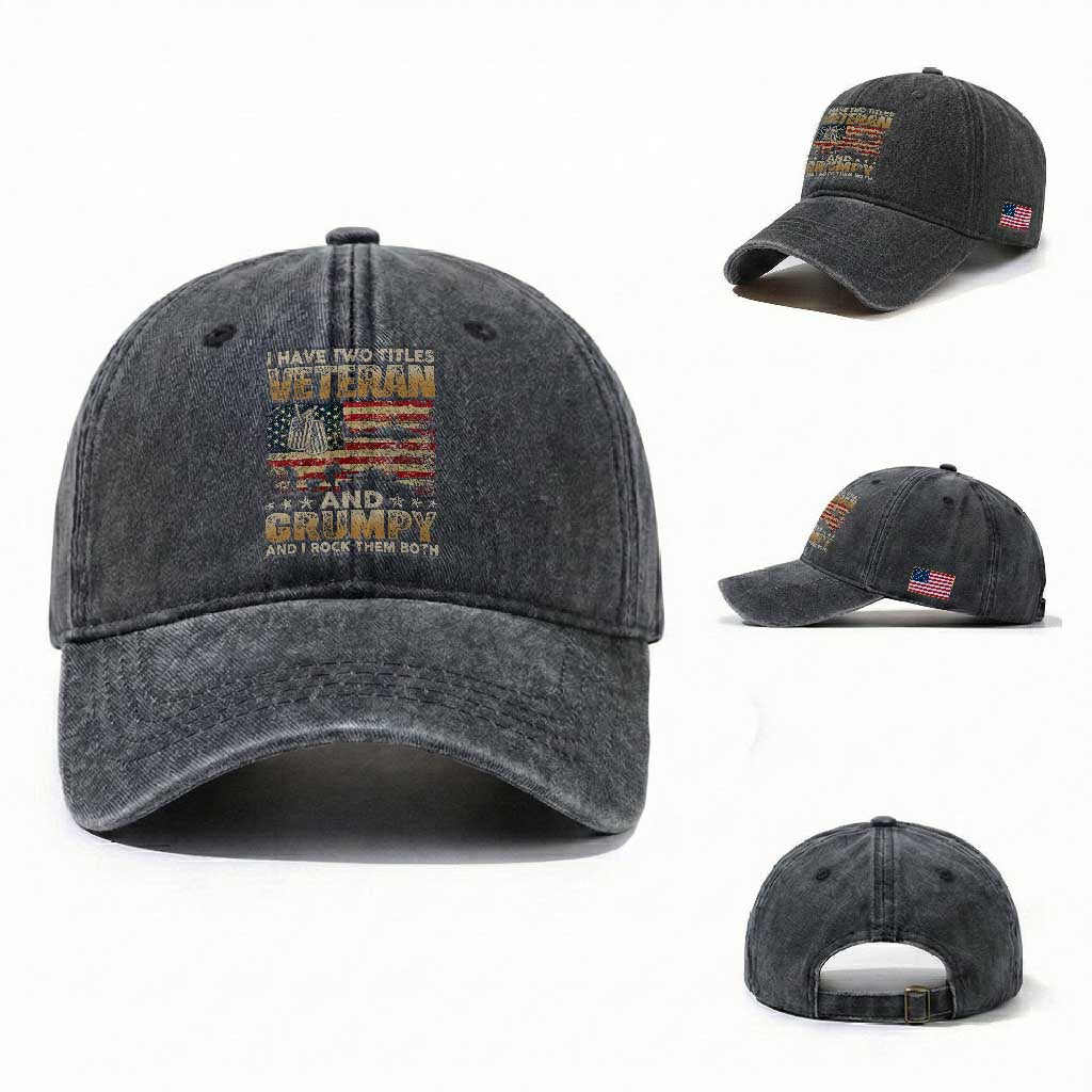 Grumpy Old Veteran Washed Cotton Baseball Cap Funny Military Veteran USA Flag TS10 Washed Cap Universal Fit Dark Gray Print Your Wear