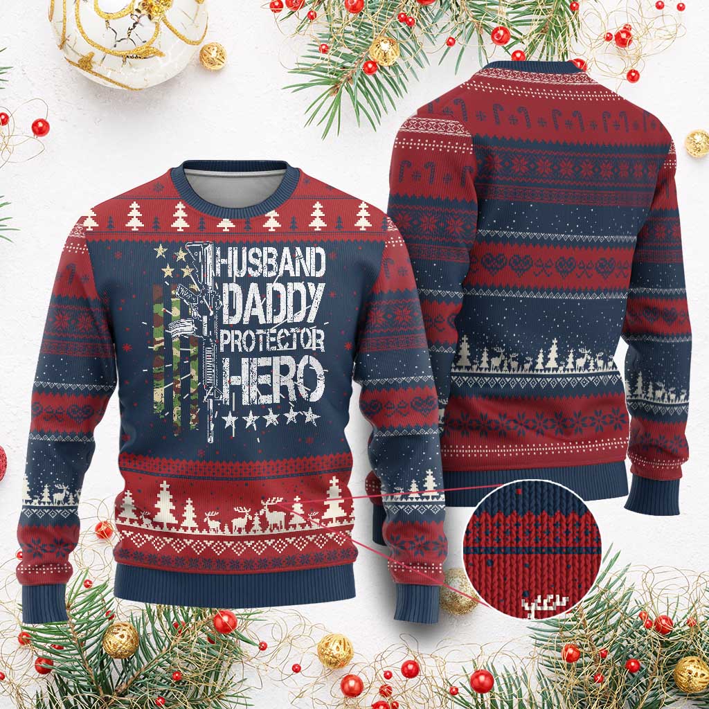 Husband Daddy Protector Hero Knit Sweatshirt Dad Guns Fathers Day Camo American Flag TS10 Burgundy Print Your Wear