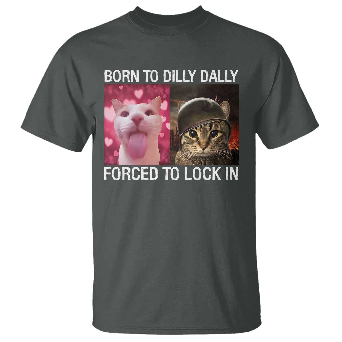 Meme Cat T Shirt Born To Dilly Dally Forced To Lock In Funny Saying Cats TS10 Dark Heather Print Your Wear