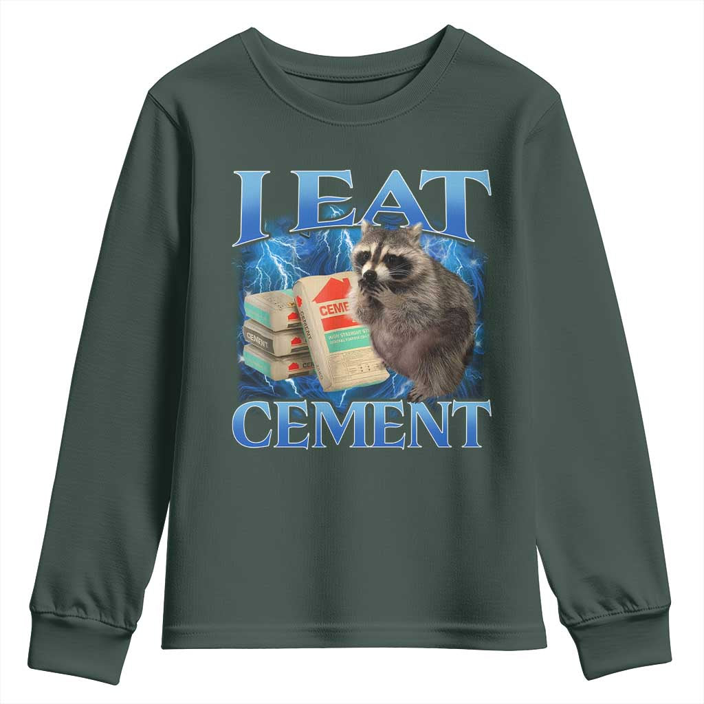 I Eat Cement Youth Sweatshirt Cursed Raccoon Funny Oddly Dank Meme Gen Z TS10 Dark Forest Green Print Your Wear
