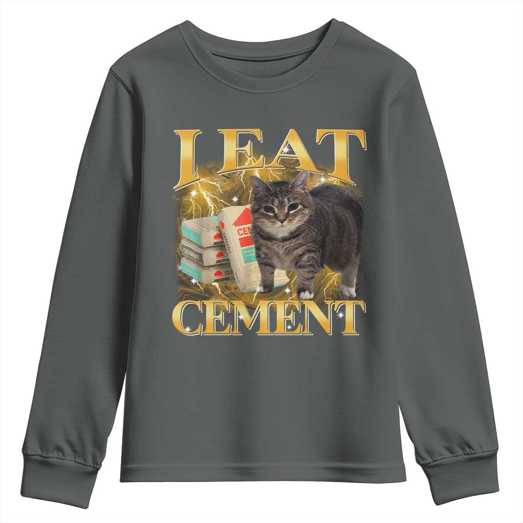 I Eat Cement Cat Meme Youth Sweatshirt Funny Internet Memes Bootleg Cursed Cat Lovers TS10 Dark Heather Print Your Wear