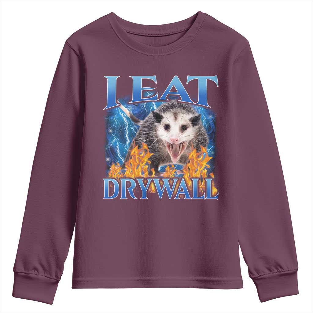 Possum Meme Youth Sweatshirt I Eat Drywall Opossum Funny Weird Cursed Internet Memes TS10 Maroon Print Your Wear