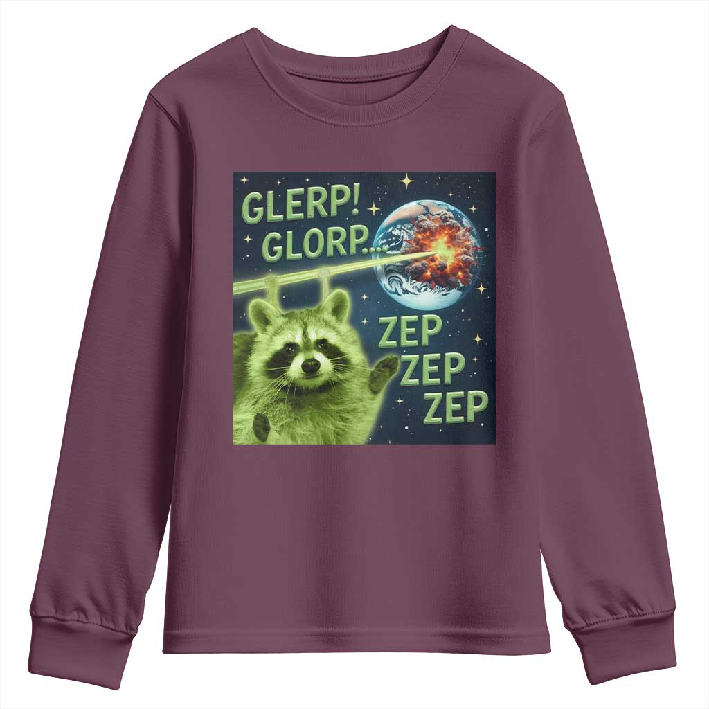 Funny Alien Raccoon Meme Youth Sweatshirt Glerp Glorp Brainrot Stupid Gift TS10 Maroon Print Your Wear
