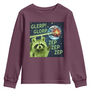 Funny Alien Raccoon Meme Youth Sweatshirt Glerp Glorp Brainrot Stupid Gift TS10 Maroon Print Your Wear