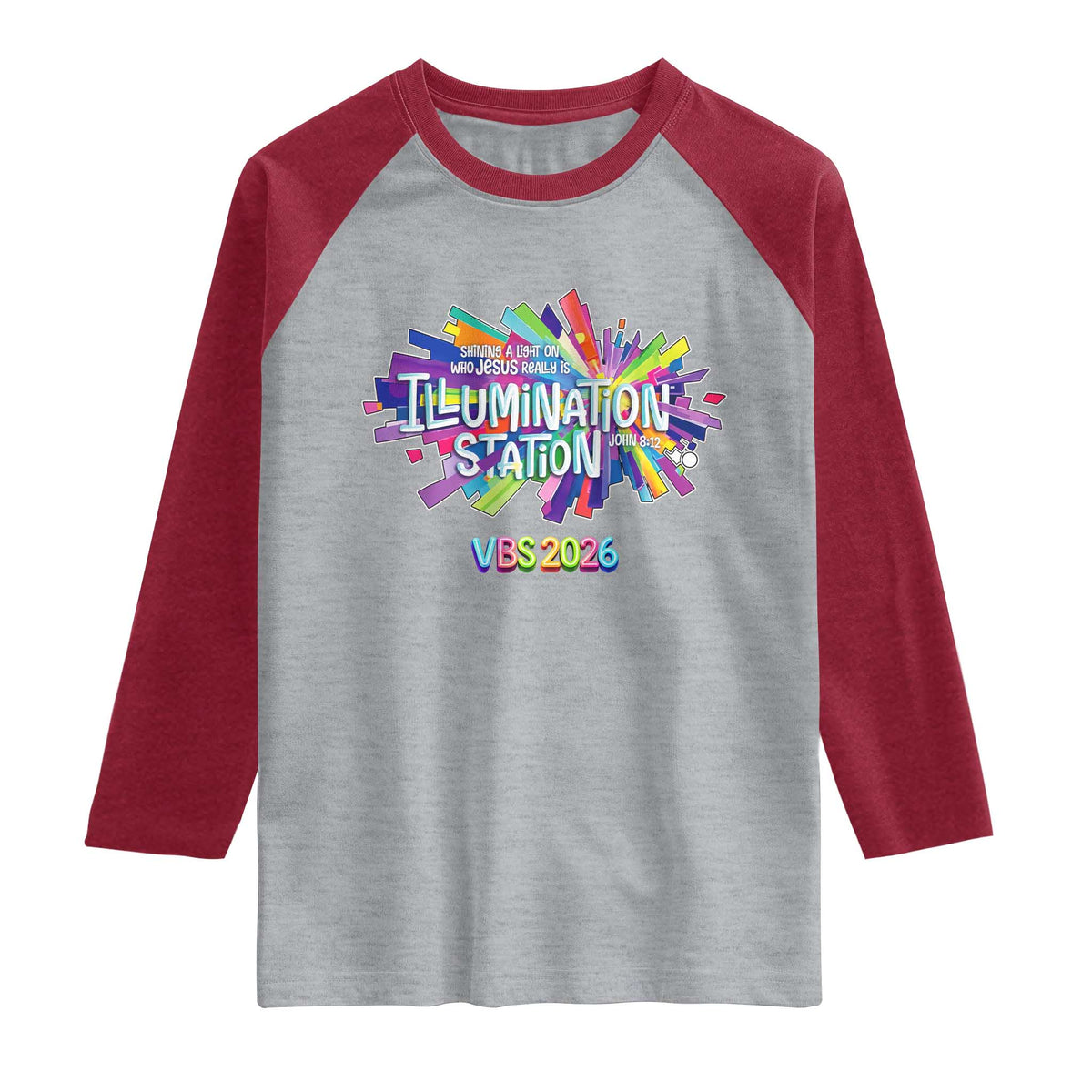 Illumination Station VBS 2026 Christian Lights Raglan Shirt Bible Jesus TS10 Heather Gray Heather Red Print Your Wear