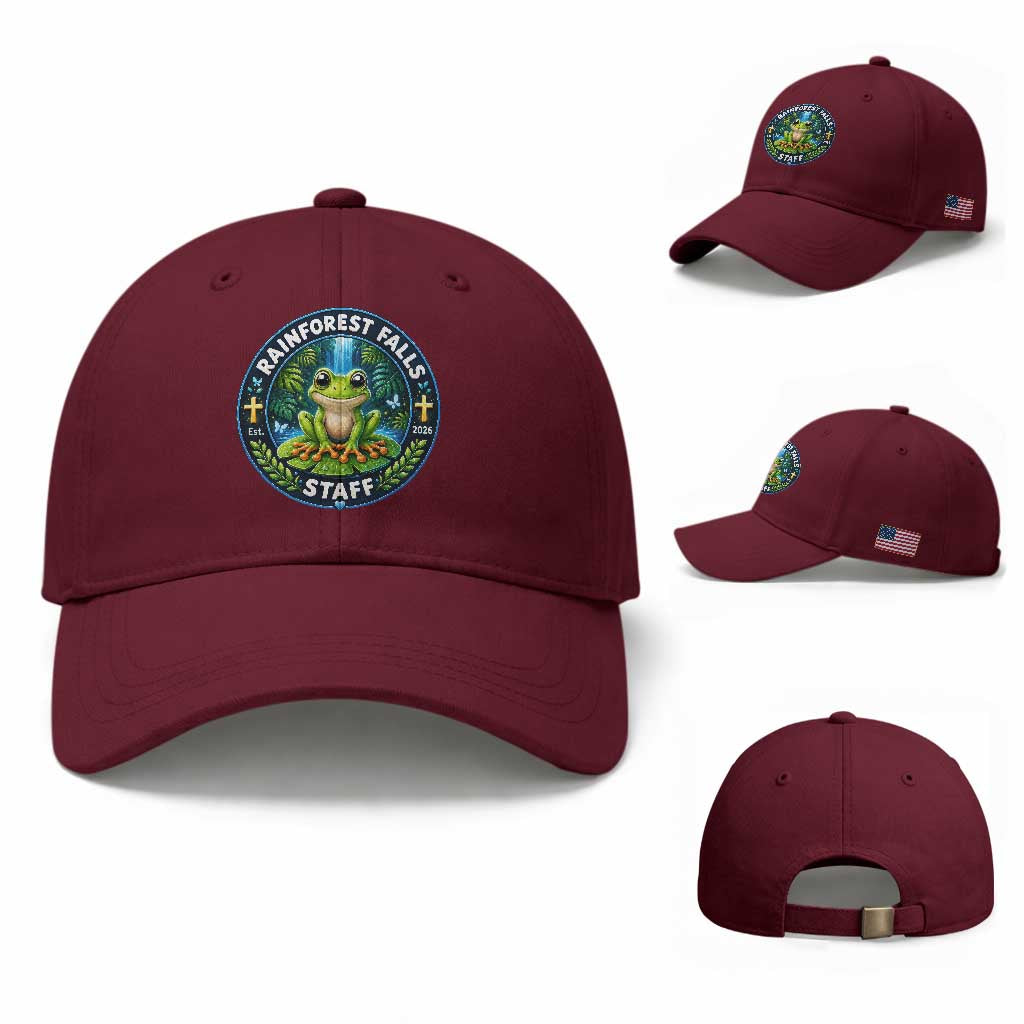 Rainforest Falls Staff Baseball Cap VBS 2026 Director Teacher TS10 Baseball Cap Universal Fit Maroon Print Your Wear