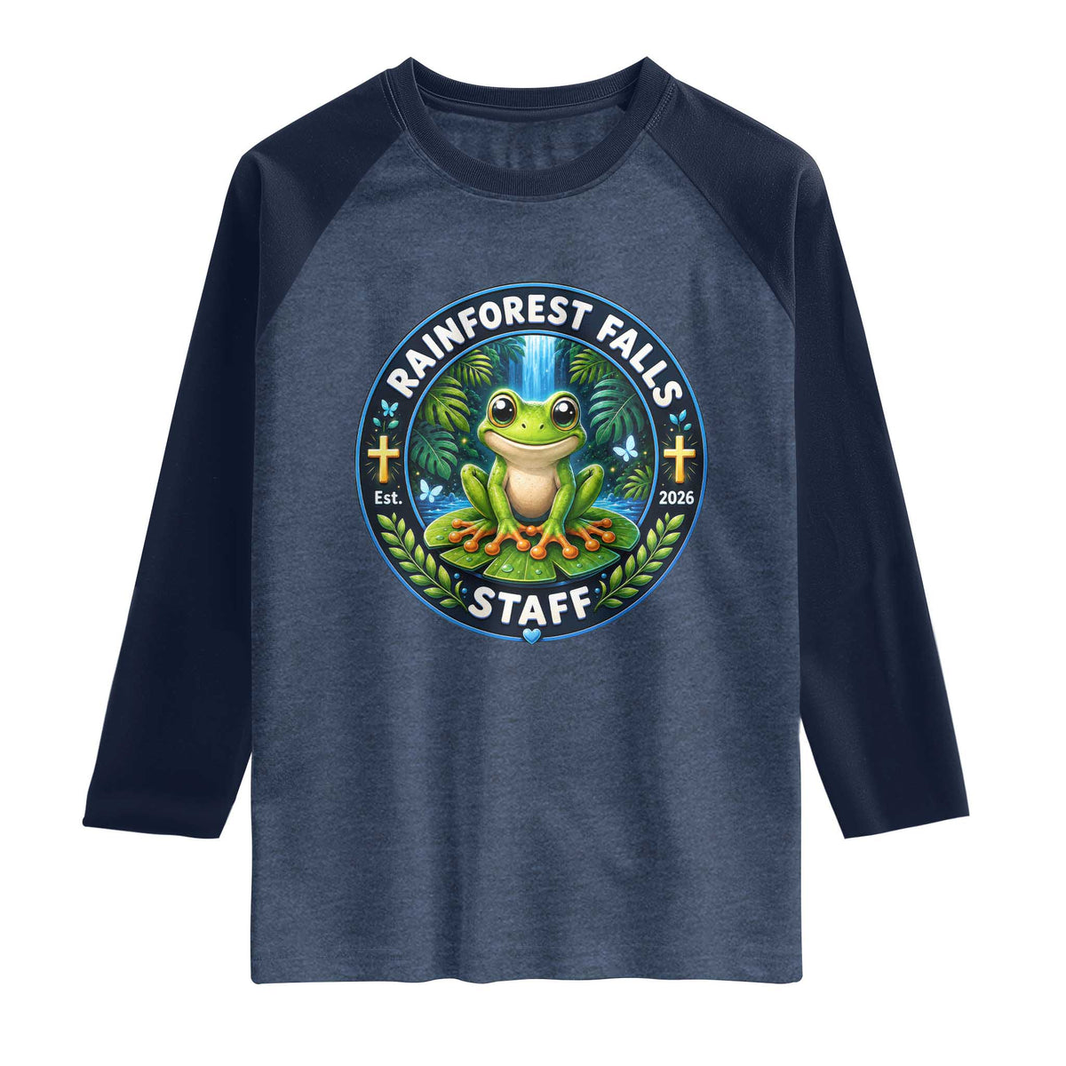Rainforest Falls Staff Raglan Shirt VBS 2026 Director Teacher TS10 Heather Denim Navy Print Your Wear