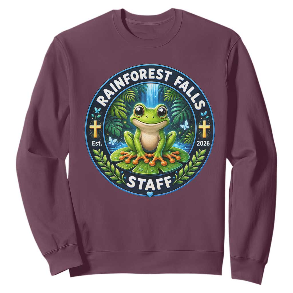 Rainforest Falls Staff Sweatshirt VBS 2026 Director Teacher TS10 Maroon Print Your Wear