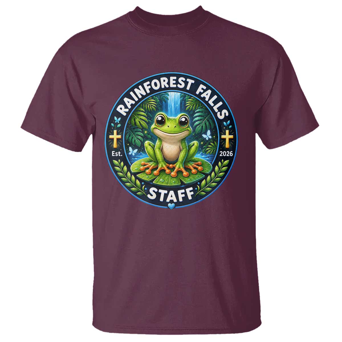Rainforest Falls Staff T Shirt VBS 2026 Director Teacher TS10 Maroon Print Your Wear