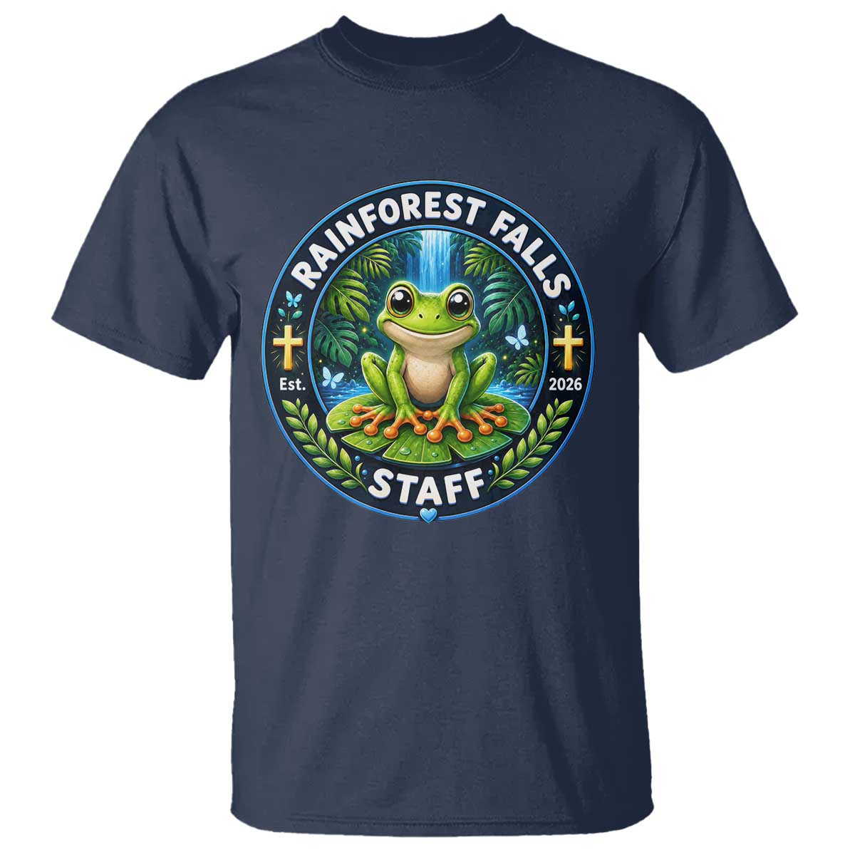 Rainforest Falls Staff T Shirt VBS 2026 Director Teacher TS10 Navy Print Your Wear