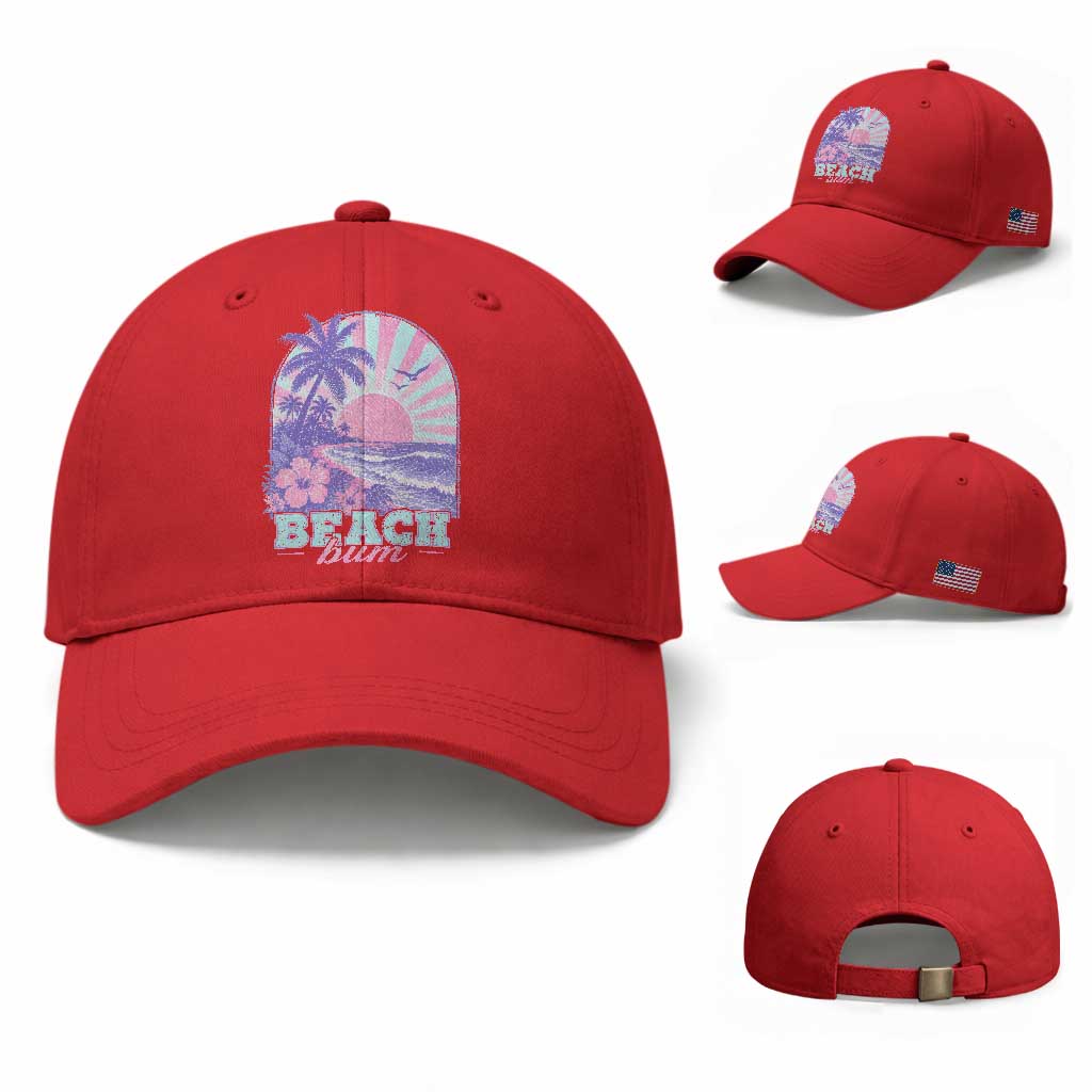 Beach Bum Baseball Cap Summer Vacation Beach Lover Surf Wave Vintage Tropical Sunset Aesthetic TS10 Baseball Cap Universal Fit Red Print Your Wear