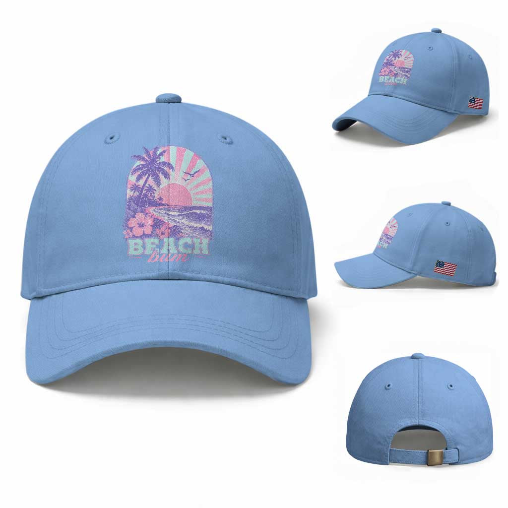 Beach Bum Baseball Cap Summer Vacation Beach Lover Surf Wave Vintage Tropical Sunset Aesthetic TS10 Baseball Cap Universal Fit Light Blue Print Your Wear