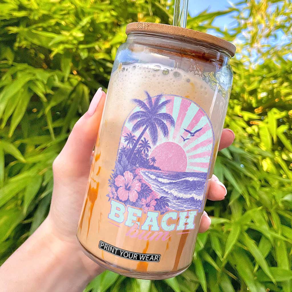 Beach Bum Glass Can Summer Vacation Beach Lover Surf Wave Vintage Tropical Sunset Aesthetic TS10 White Print Your Wear