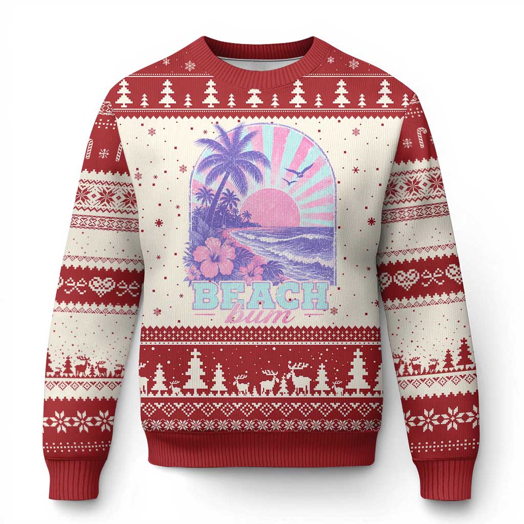 Beach Bum Ugly Christmas Sweater Summer Vacation Beach Lover Surf Wave Vintage Tropical Sunset Aesthetic TS10 Beige Red Print Your Wear