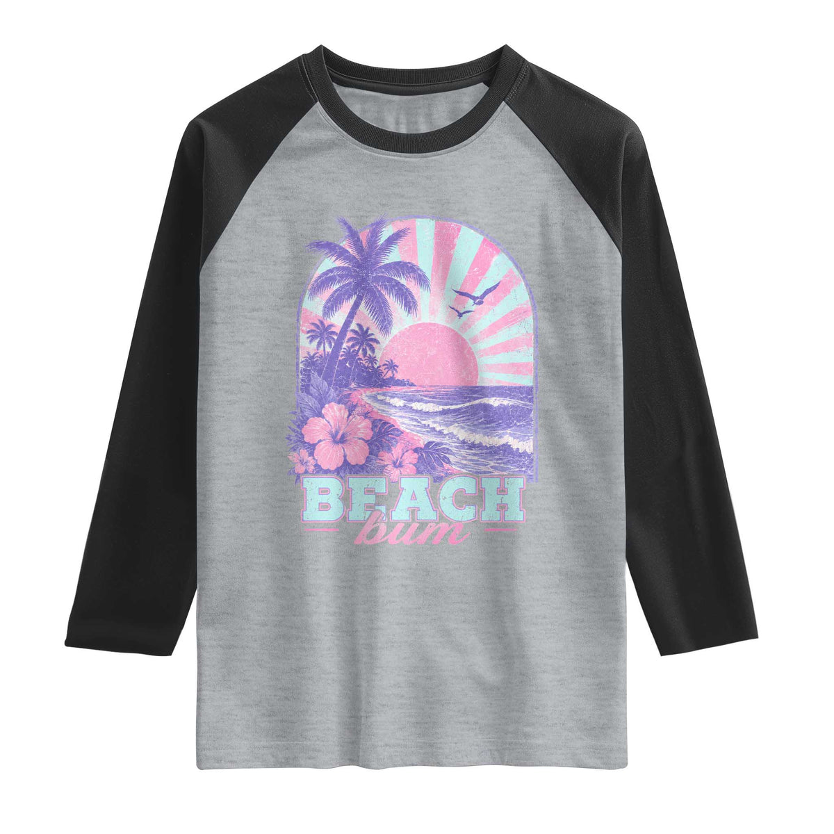 Beach Bum Raglan Shirt Summer Vacation Beach Lover Surf Wave Vintage Tropical Sunset Aesthetic TS10 Heather Gray Black Print Your Wear