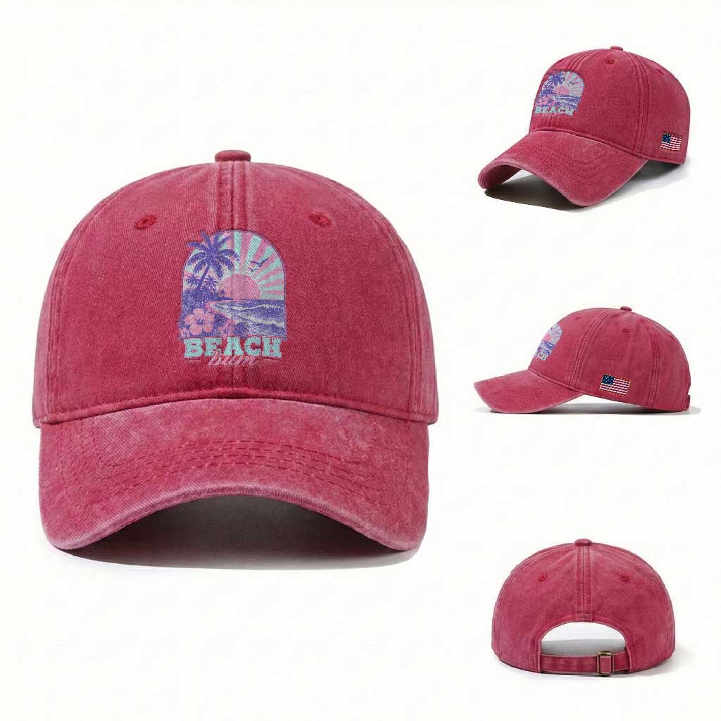 Beach Bum Washed Cotton Baseball Cap Summer Vacation Beach Lover Surf Wave Vintage Tropical Sunset Aesthetic TS10 Washed Cap Universal Fit Red Print Your Wear