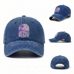 Beach Bum Washed Cotton Baseball Cap Summer Vacation Beach Lover Surf Wave Vintage Tropical Sunset Aesthetic TS10 Washed Cap Universal Fit Royal Blue Print Your Wear