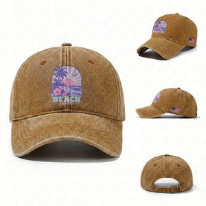 Beach Bum Washed Cotton Baseball Cap Summer Vacation Beach Lover Surf Wave Vintage Tropical Sunset Aesthetic TS10 Washed Cap Universal Fit Yellow Ochre Print Your Wear