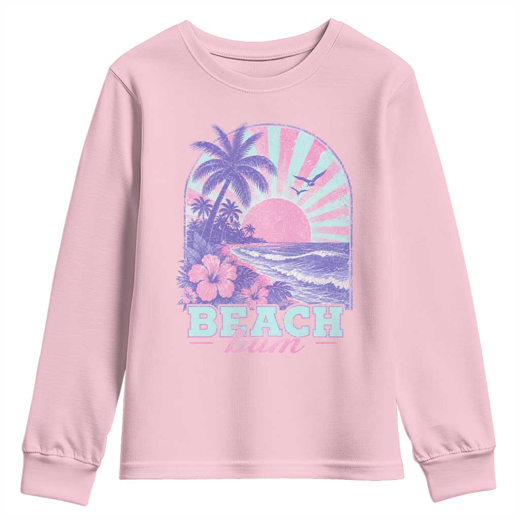 Beach Bum Youth Sweatshirt Summer Vacation Beach Lover Surf Wave Vintage Tropical Sunset Aesthetic TS10 Light Pink Print Your Wear