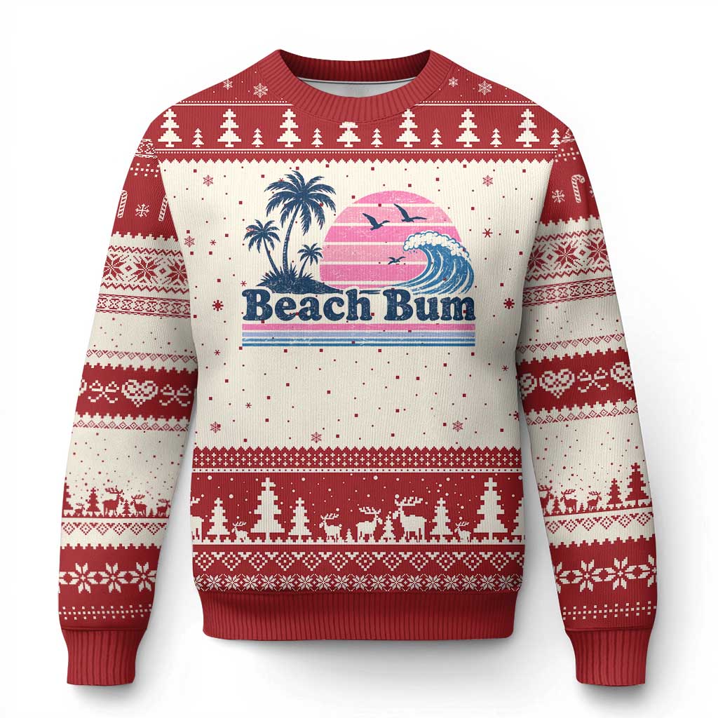 Beach Bum Ugly Christmas Sweater Retro Summer Vacation Surf Wave Tropical Sunset Aesthetic TS10 Beige Red Print Your Wear