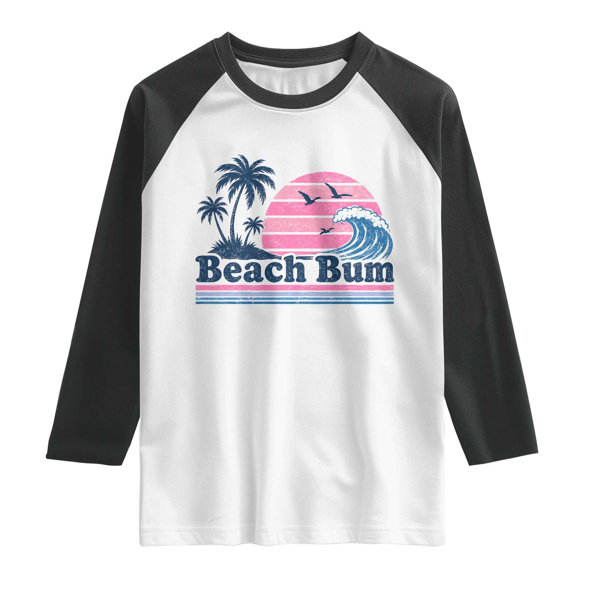 Beach Bum Raglan Shirt Retro Summer Vacation Surf Wave Tropical Sunset Aesthetic TS10 White Black Print Your Wear