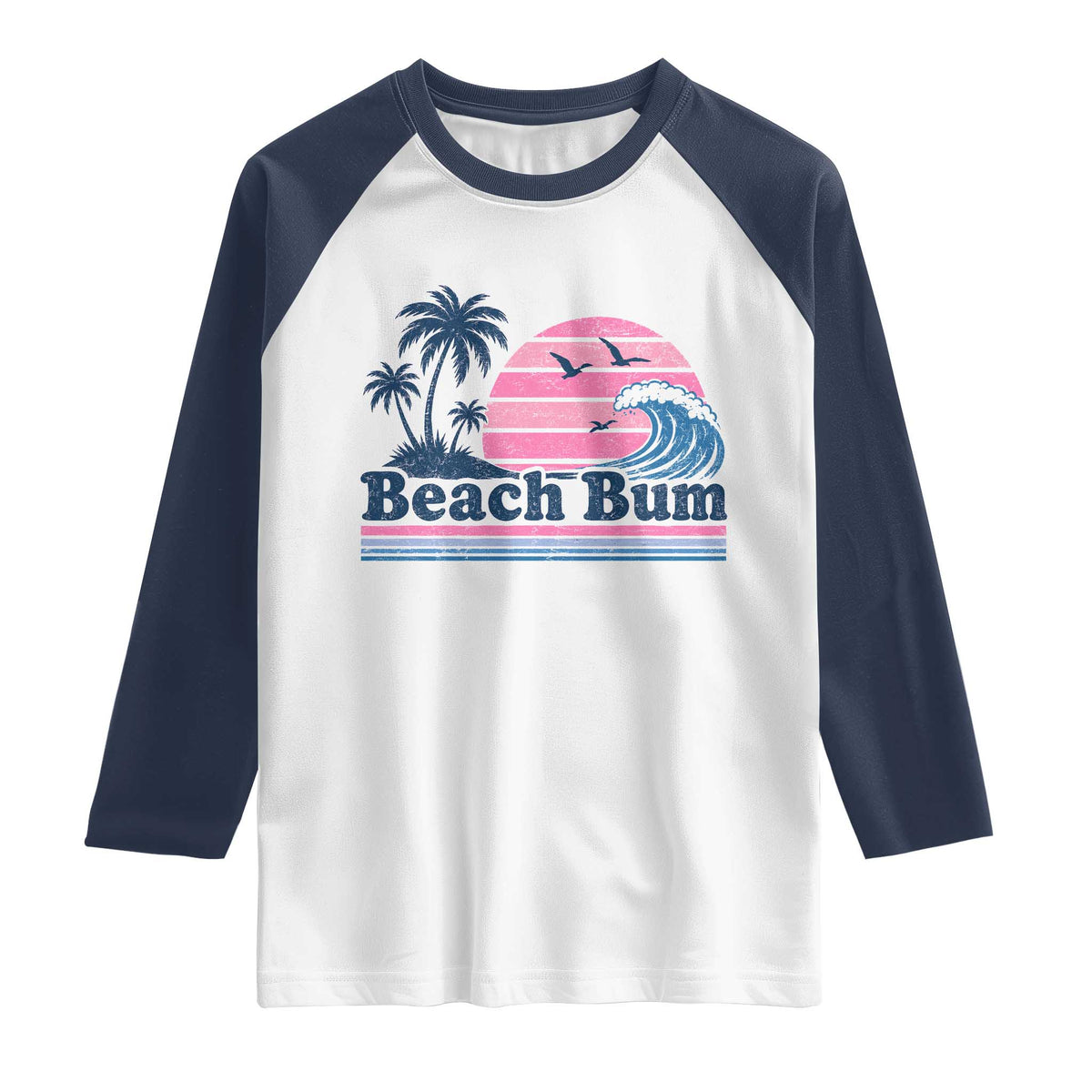 Beach Bum Raglan Shirt Retro Summer Vacation Surf Wave Tropical Sunset Aesthetic TS10 White Navy Print Your Wear
