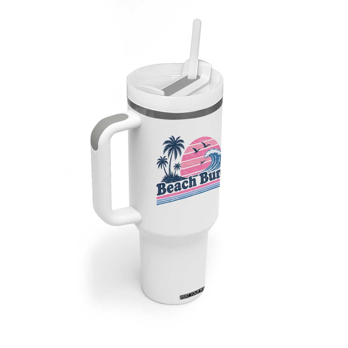 Beach Bum Tumbler With Handle Retro Summer Vacation Surf Wave Tropical Sunset Aesthetic TS10 Print Your Wear