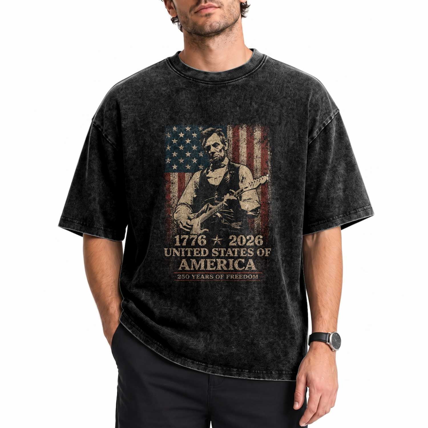 Vintage Abraham Lincoln Abe Lincoln Playing Guitar 250 Years Washed Cotton T-Shirt 1776 2026 Humor Patriotic USA Flag