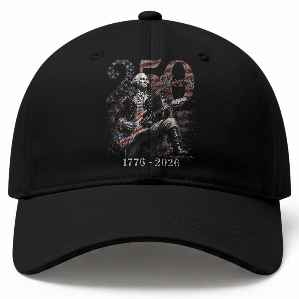 Vintage George Washington Playing Guitar 250 Years Baseball Cap 1776 2026 Humor Patriotic USA Flag TS10 Print Your Wear
