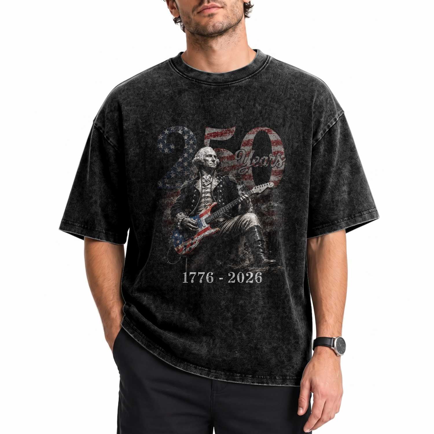 Vintage George Washington Playing Guitar 250 Years Washed Cotton T-Shirt 1776 2026 Humor Patriotic USA Flag