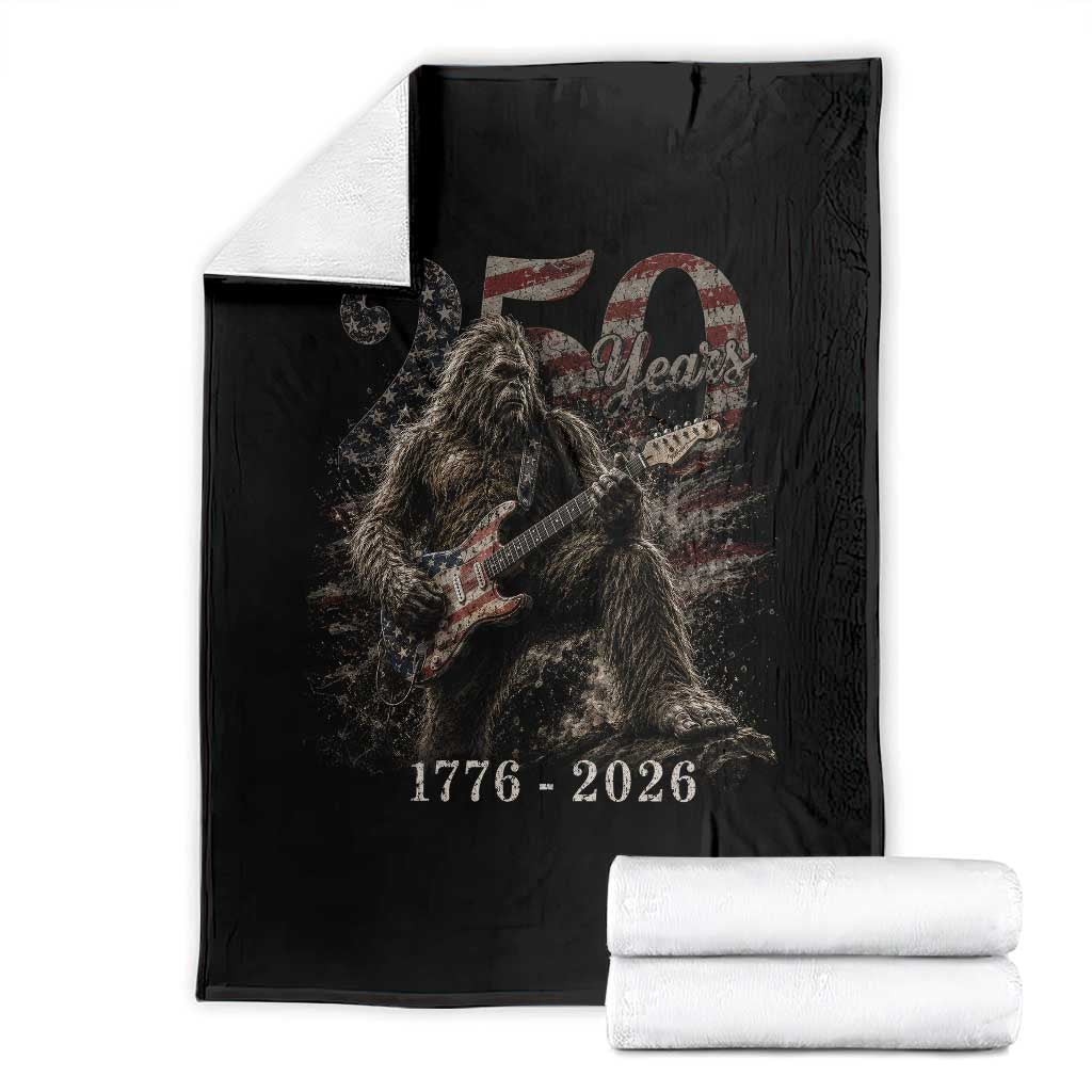 Vintage Bigfoot Playing Guitar 250 Years Throw Blanket 1776 2026 Bigfoot Patriotic USA Flag Sasquatch TS10 Black Print Your Wear