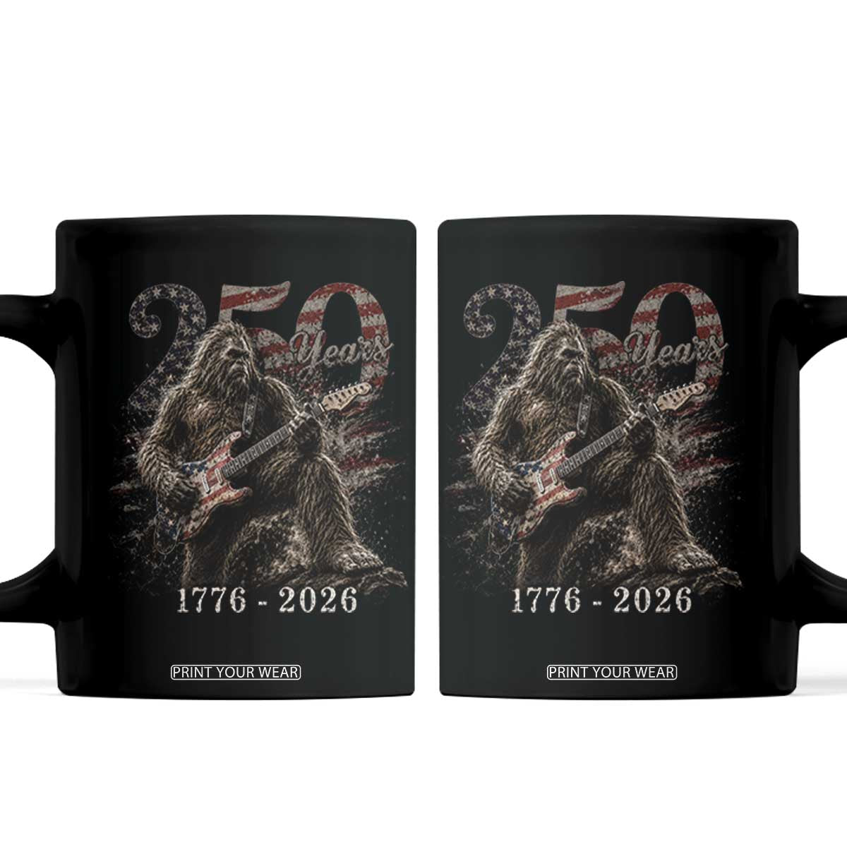 Vintage Bigfoot Playing Guitar 250 Years Coffee Mug 1776 2026 Bigfoot Patriotic USA Flag Sasquatch TS10 Black Print Your Wear