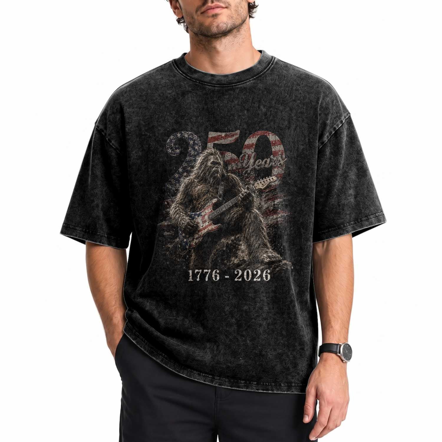 Vintage Bigfoot Playing Guitar 250 Years Washed Cotton T-Shirt 1776 2026 Bigfoot Patriotic USA Flag Sasquatch