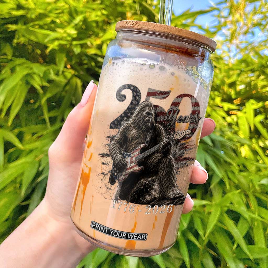 Vintage Bigfoot Playing Guitar 250 Years Glass Can 1776 2026 Bigfoot Patriotic USA Flag Sasquatch TS10 Black Print Your Wear