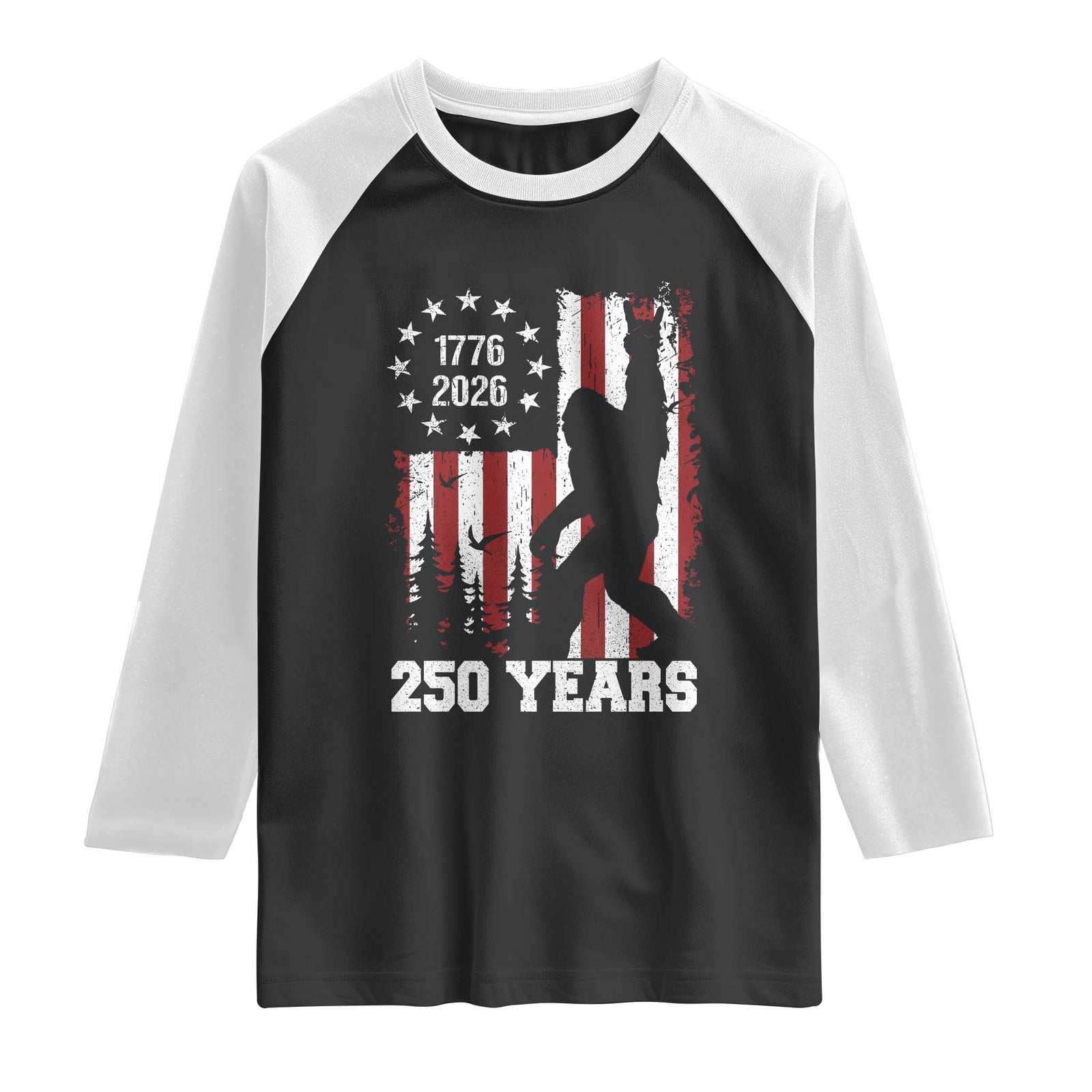 Vintage Bigfoot USA 250th Anniversary Raglan Shirt 250 Years Of Freedom US Flag Independence Day 4th July Patriotic TS10 Black White Print Your Wear