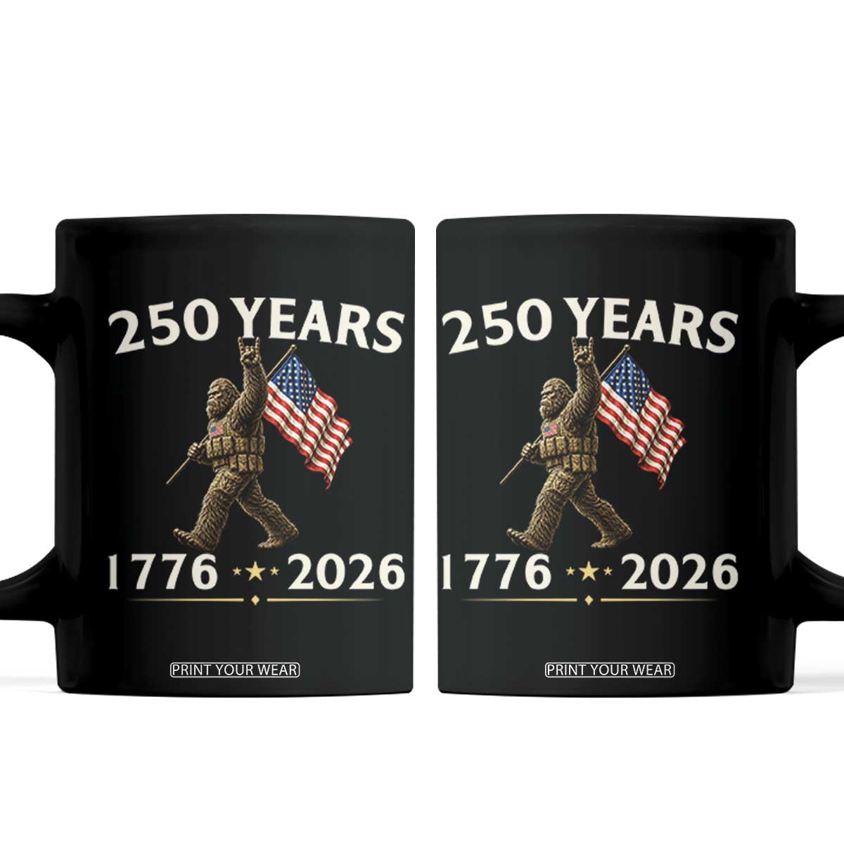 Bigfoot USA 250th Anniversary Coffee Mug Sasquatch 250 Years Vintage American Flag Patriotic 4th of July TS10 Black Print Your Wear