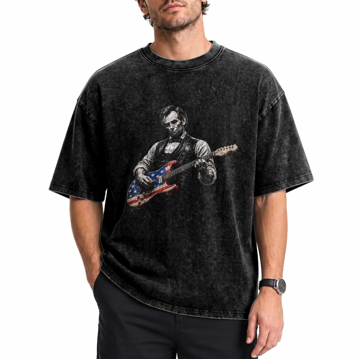 Vintage Abraham Lincoln Abe Lincoln Playing Guitar Washed Cotton T-Shirt Humor Patriotic