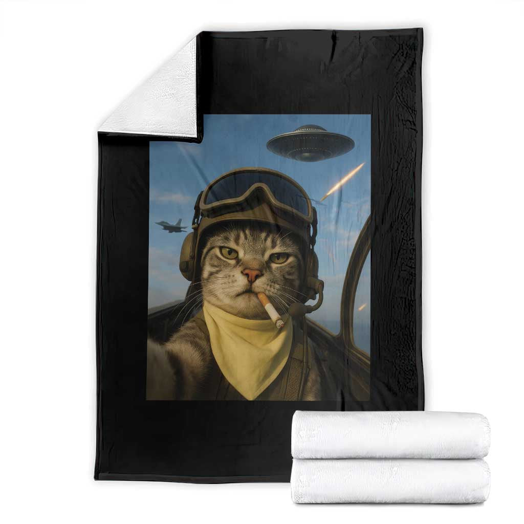 Cat Selfie With Alien UFO Throw Blanket Retro Space Sci-Fi Cat Pilot TS10 Black Print Your Wear