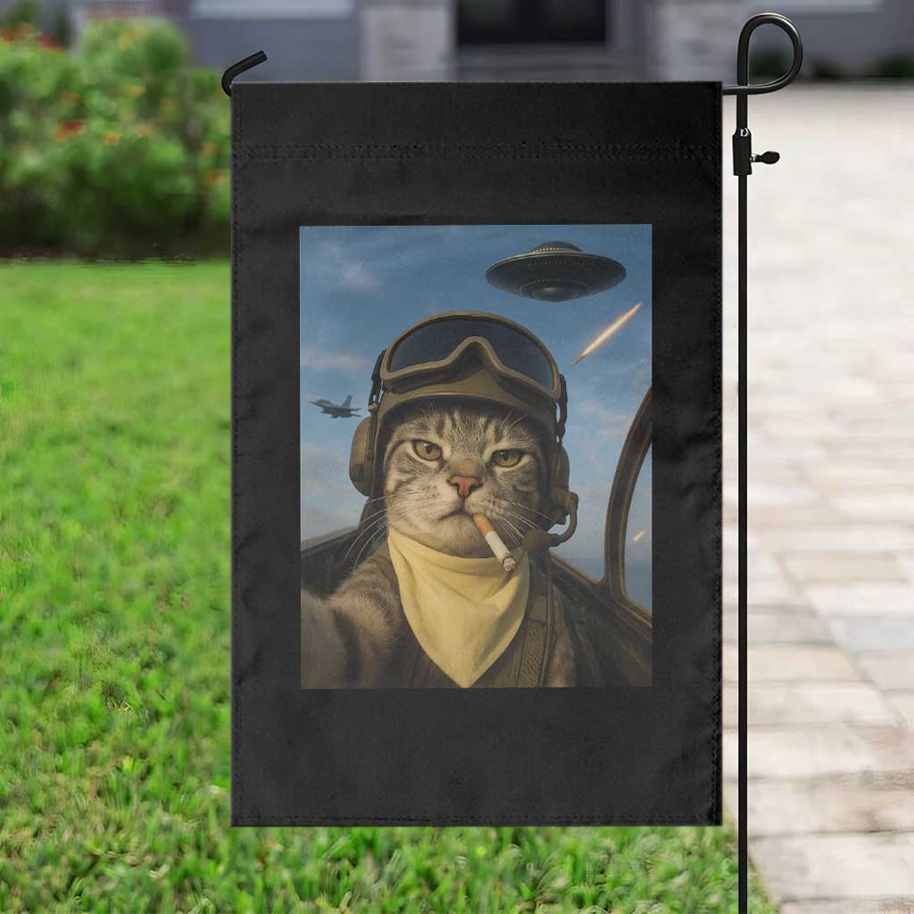 Cat Selfie With Alien UFO Garden Flag Retro Space Sci-Fi Cat Pilot TS10 Print Your Wear