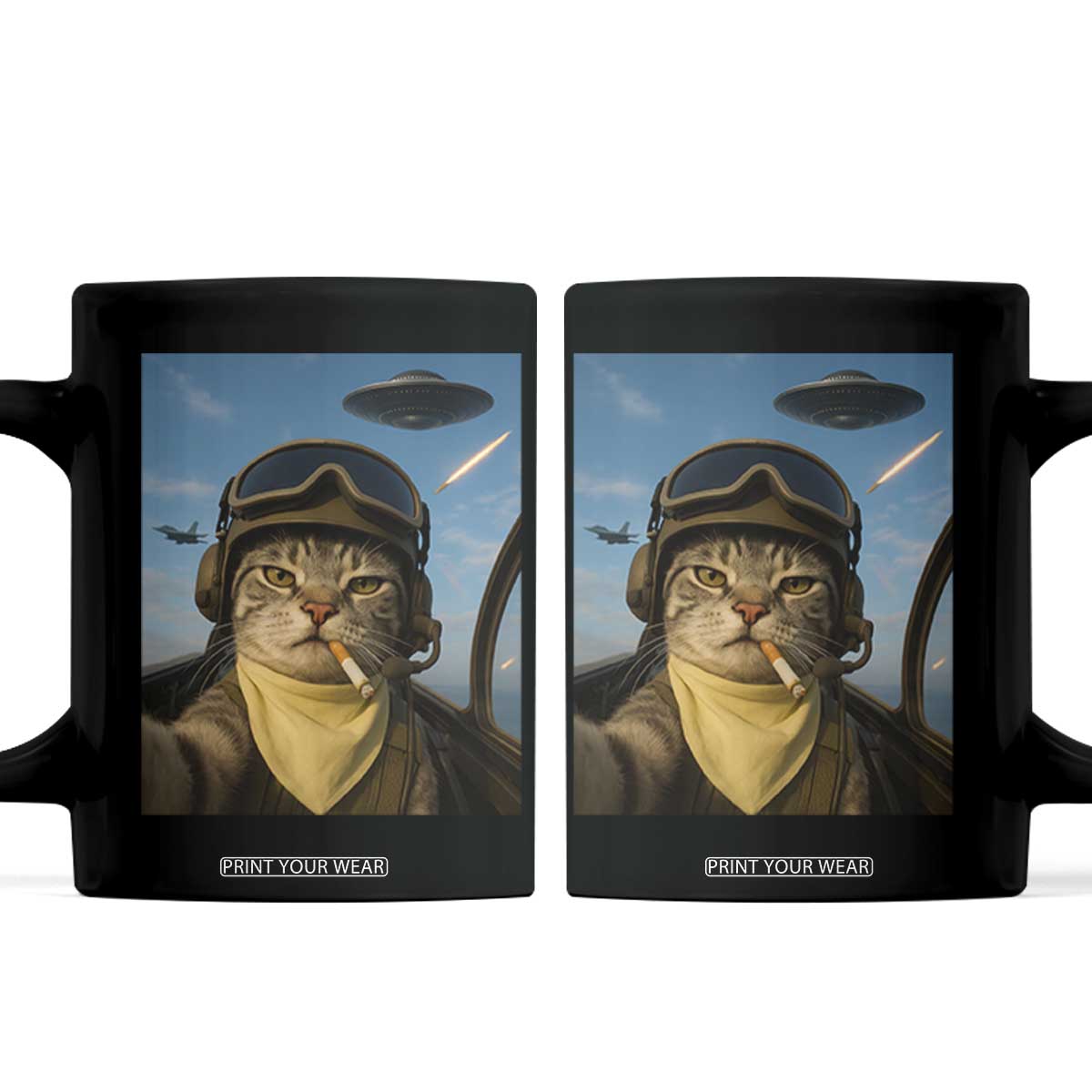 Cat Selfie With Alien UFO Coffee Mug Retro Space Sci-Fi Cat Pilot TS10 Black Print Your Wear