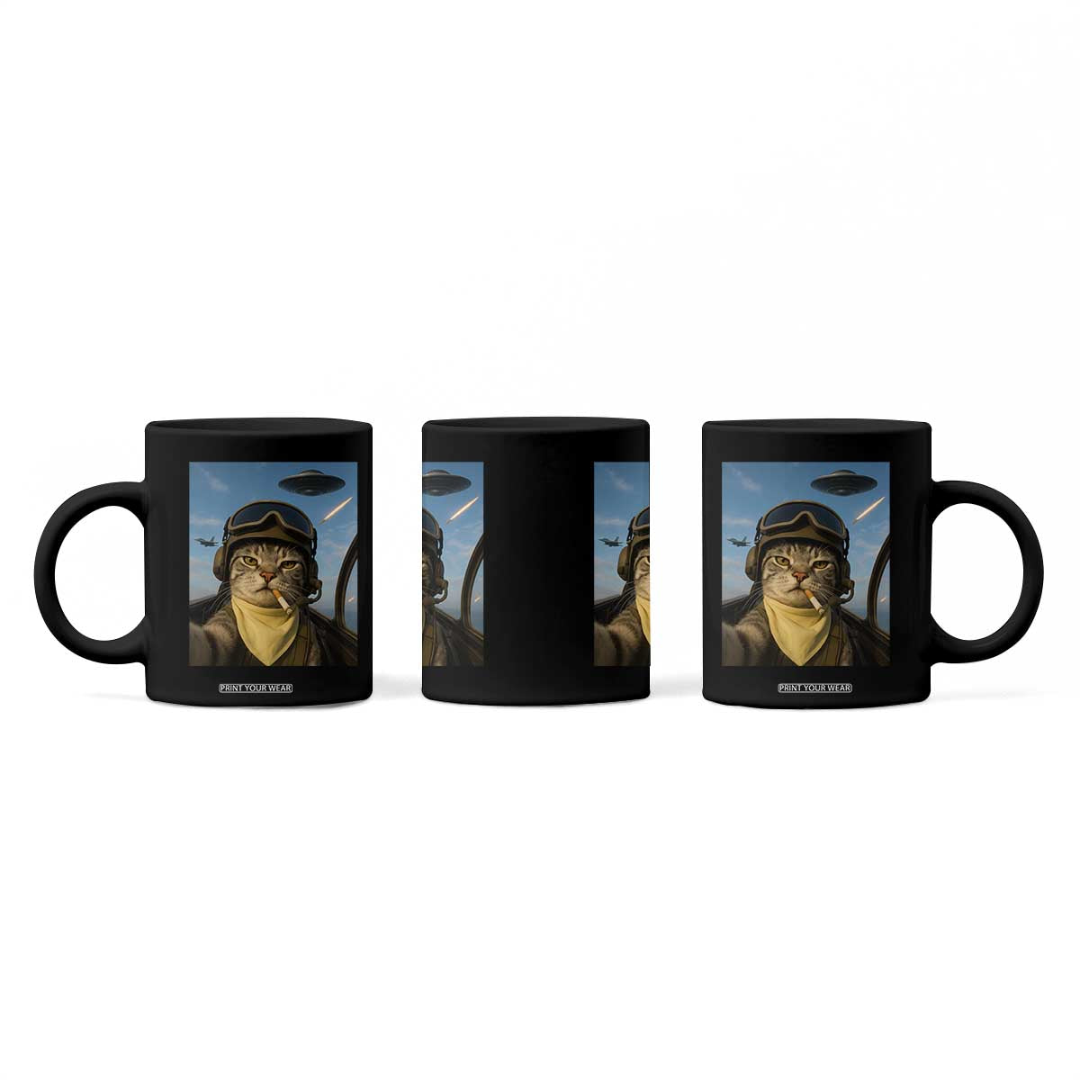 Cat Selfie With Alien UFO Coffee Mug Retro Space Sci-Fi Cat Pilot TS10 Print Your Wear