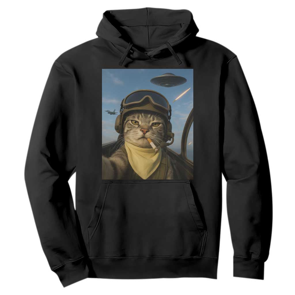 Cat Selfie With Alien UFO Hoodie Retro Space Sci-Fi Cat Pilot TS10 Black Print Your Wear