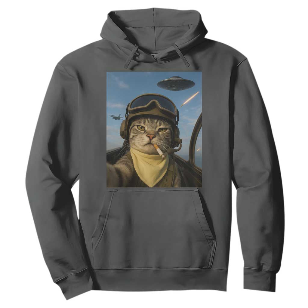 Cat Selfie With Alien UFO Hoodie Retro Space Sci-Fi Cat Pilot TS10 Dark Heather Print Your Wear