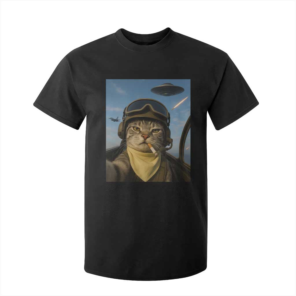 Cat Selfie With Alien UFO T Shirt For Kid Retro Space Sci-Fi Cat Pilot TS10 Black Print Your Wear