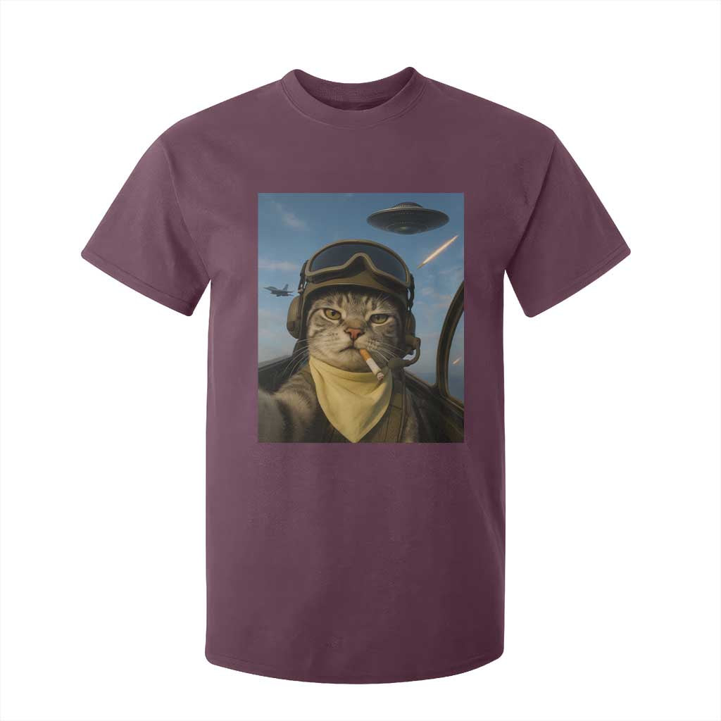 Cat Selfie With Alien UFO T Shirt For Kid Retro Space Sci-Fi Cat Pilot TS10 Maroon Print Your Wear