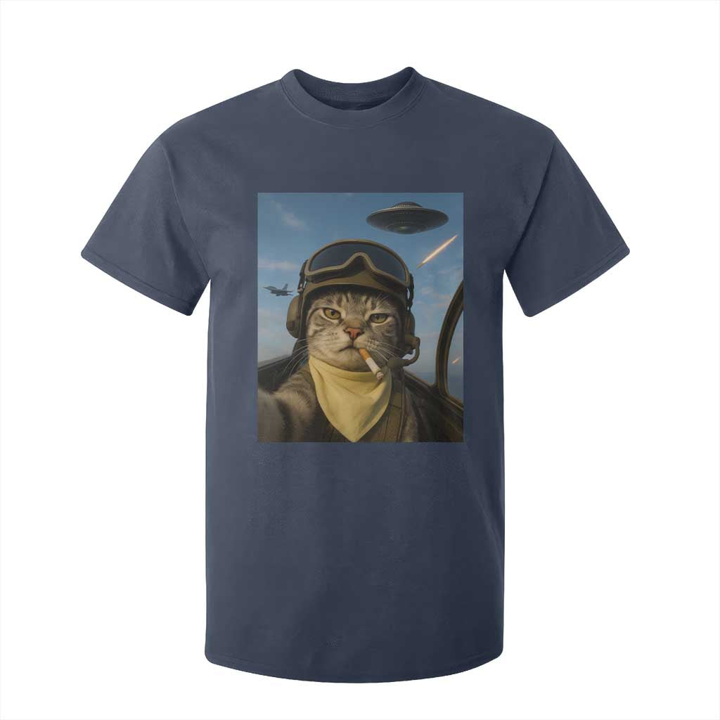 Cat Selfie With Alien UFO T Shirt For Kid Retro Space Sci-Fi Cat Pilot TS10 Navy Print Your Wear