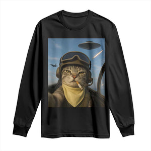 Cat Selfie With Alien UFO Long Sleeve Shirt Retro Space Sci-Fi Cat Pilot TS10 Black Print Your Wear